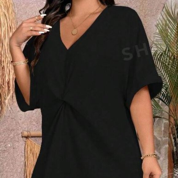 NWT SHEIN VCAY Plus Black Women's Midi Twist Short Sleeve V-Neck Dress 4XL Sz - Picture 2 of 5